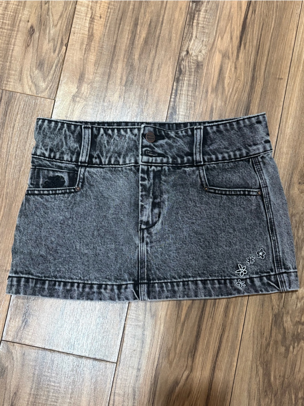 Worship Women's Black Washed Denim Mini Skirt with Embroidered Flowers